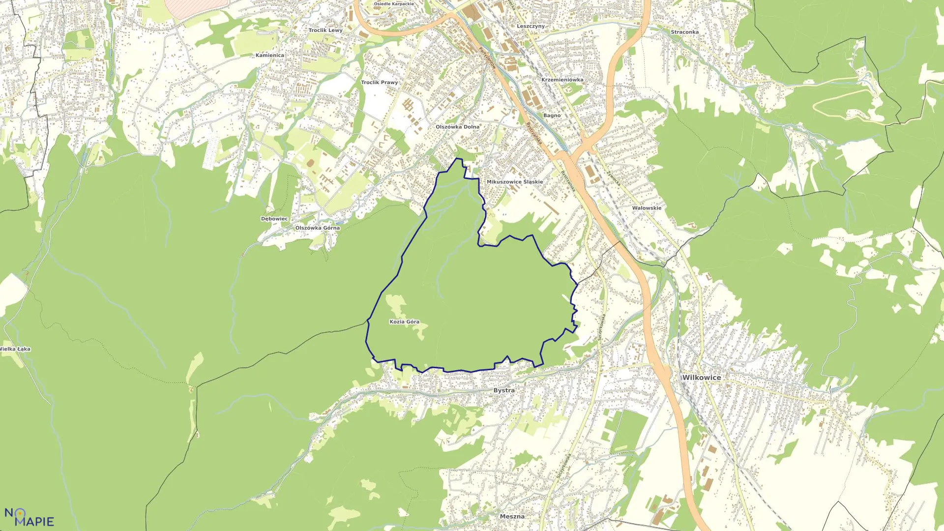 Mapa obrębu Bystra Śląska w mieście Bielsko-Biała