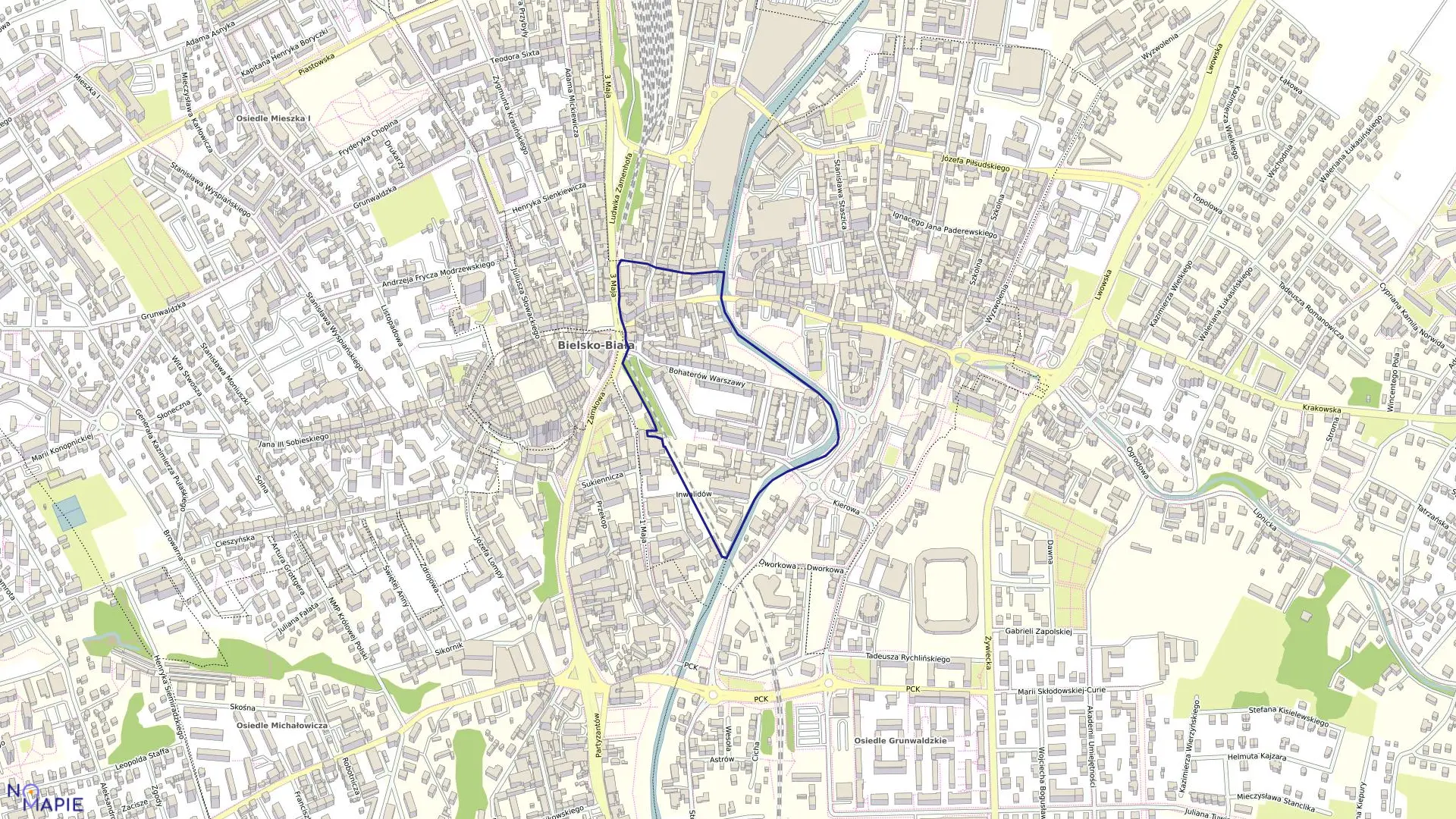 Mapa obrębu Dolne Przedmieście 82 w mieście Bielsko-Biała