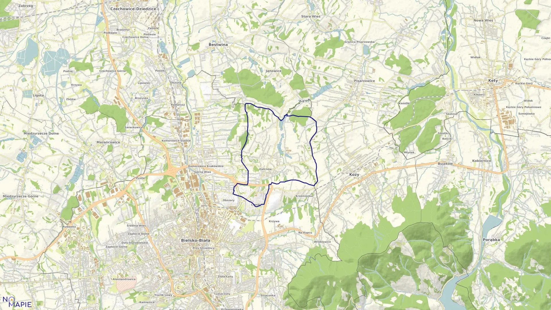 Mapa obrębu Hałcnów w mieście Bielsko-Biała