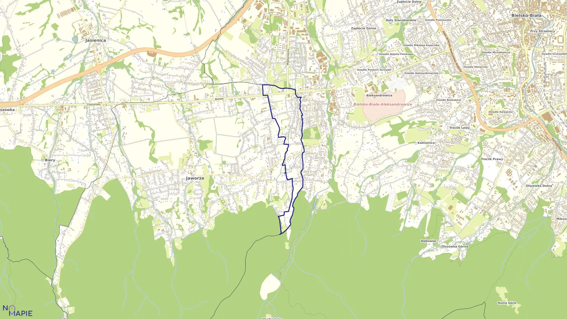 Mapa obrębu Jaworze w mieście Bielsko-Biała