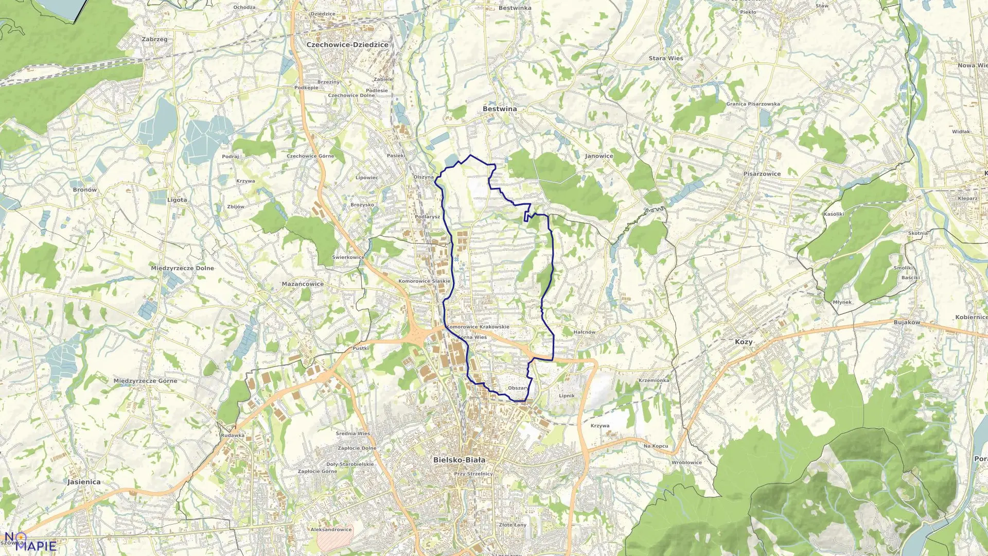 Mapa obrębu Komorowice Krakowskie w mieście Bielsko-Biała