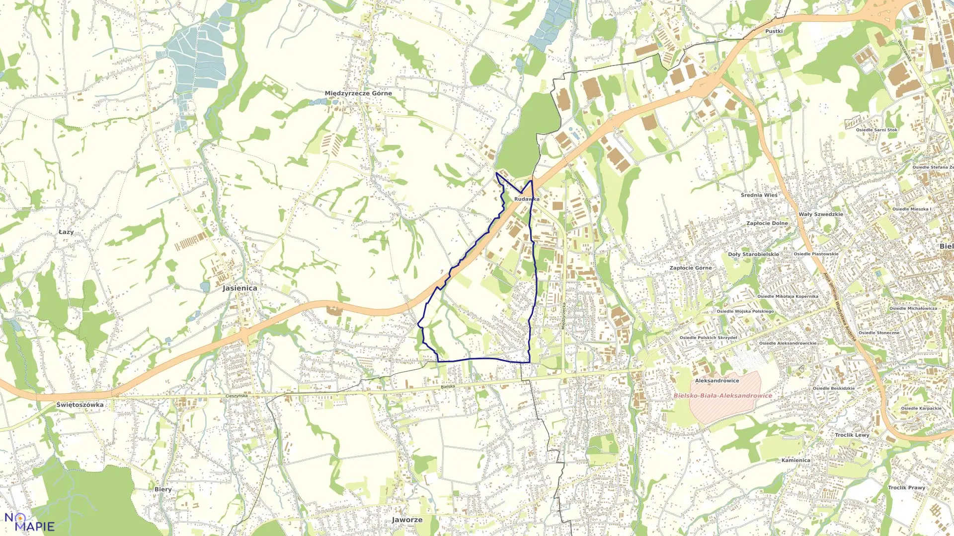 Mapa obrębu Międzyrzecze Górne w mieście Bielsko-Biała