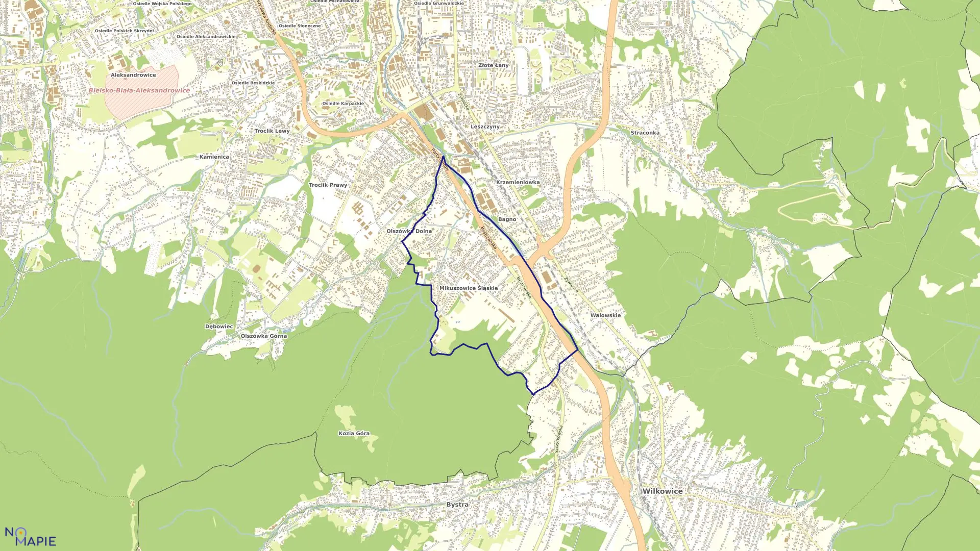 Mapa obrębu Mikuszowice Śląskie w mieście Bielsko-Biała