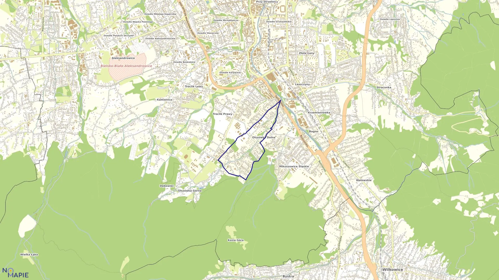 Mapa obrębu Olszówka Dolna w mieście Bielsko-Biała