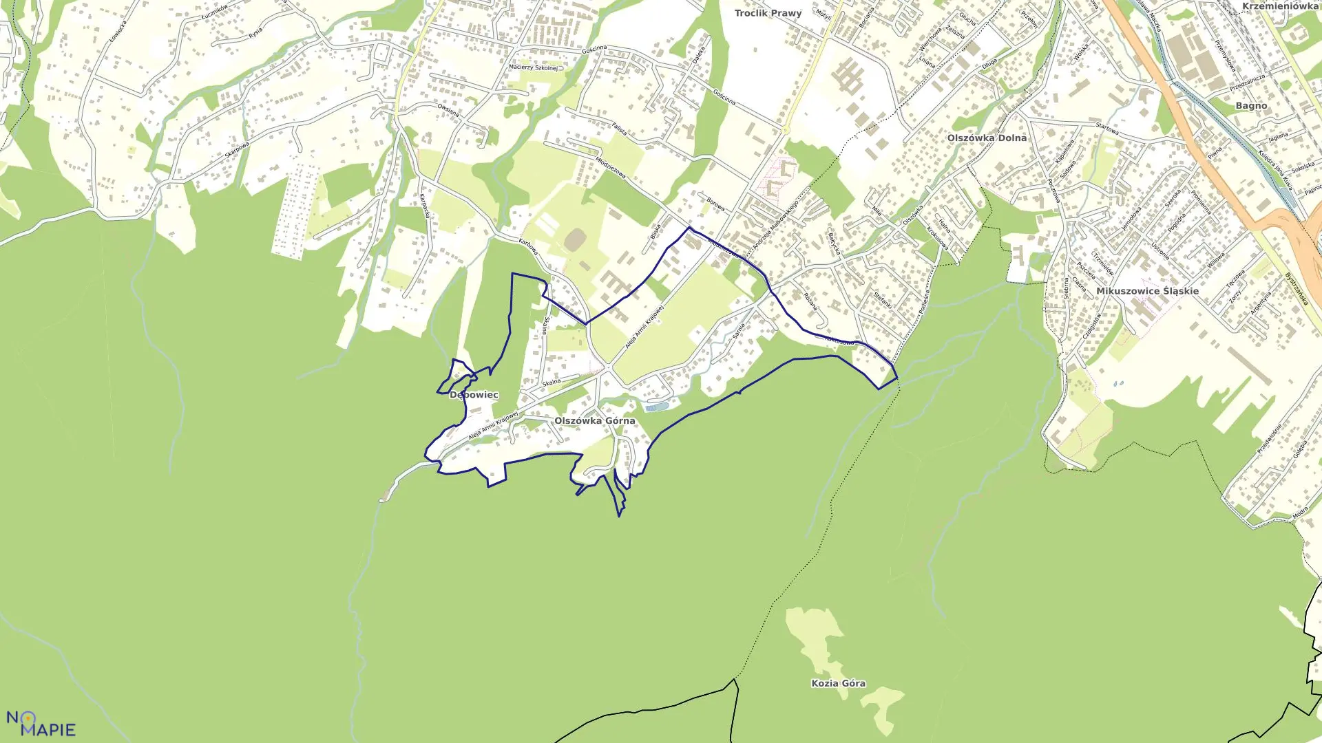 Mapa obrębu Olszówka Górna w mieście Bielsko-Biała