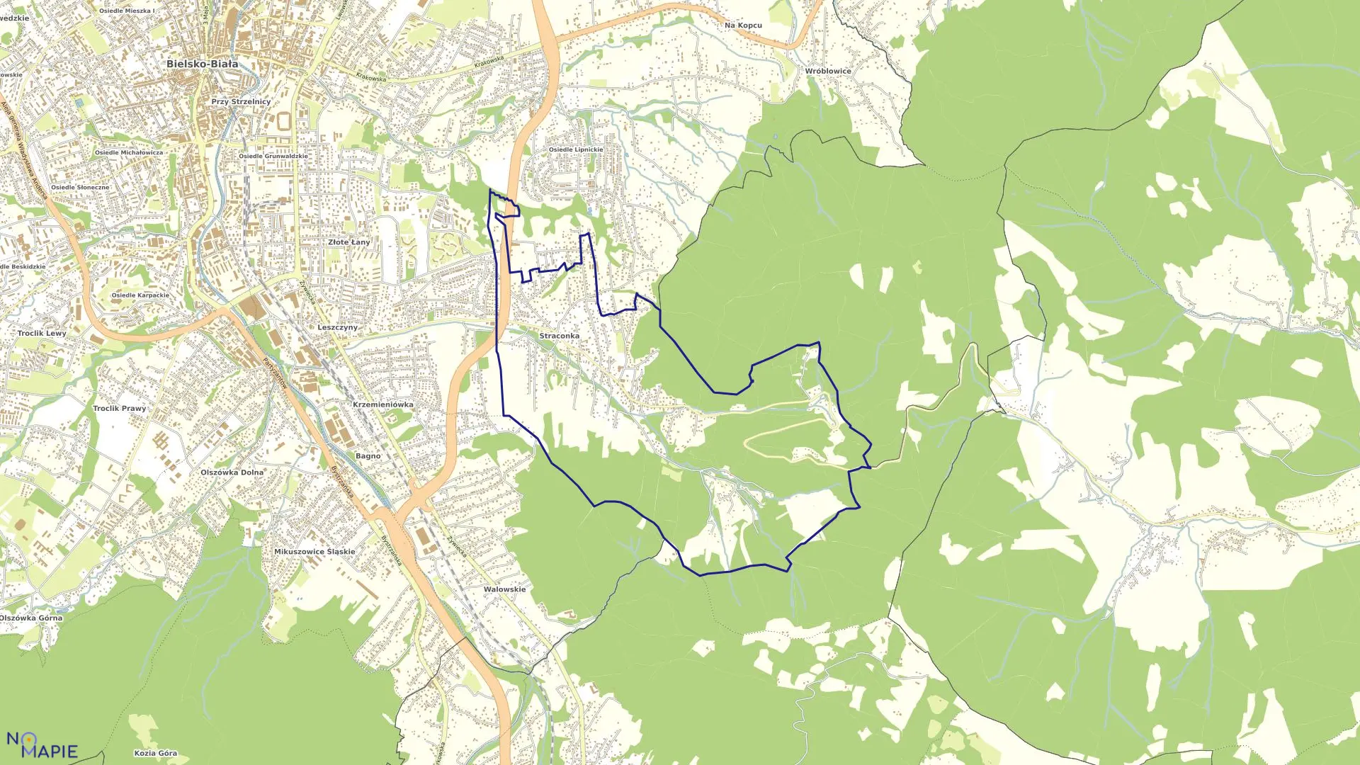 Mapa obrębu Straconka w mieście Bielsko-Biała