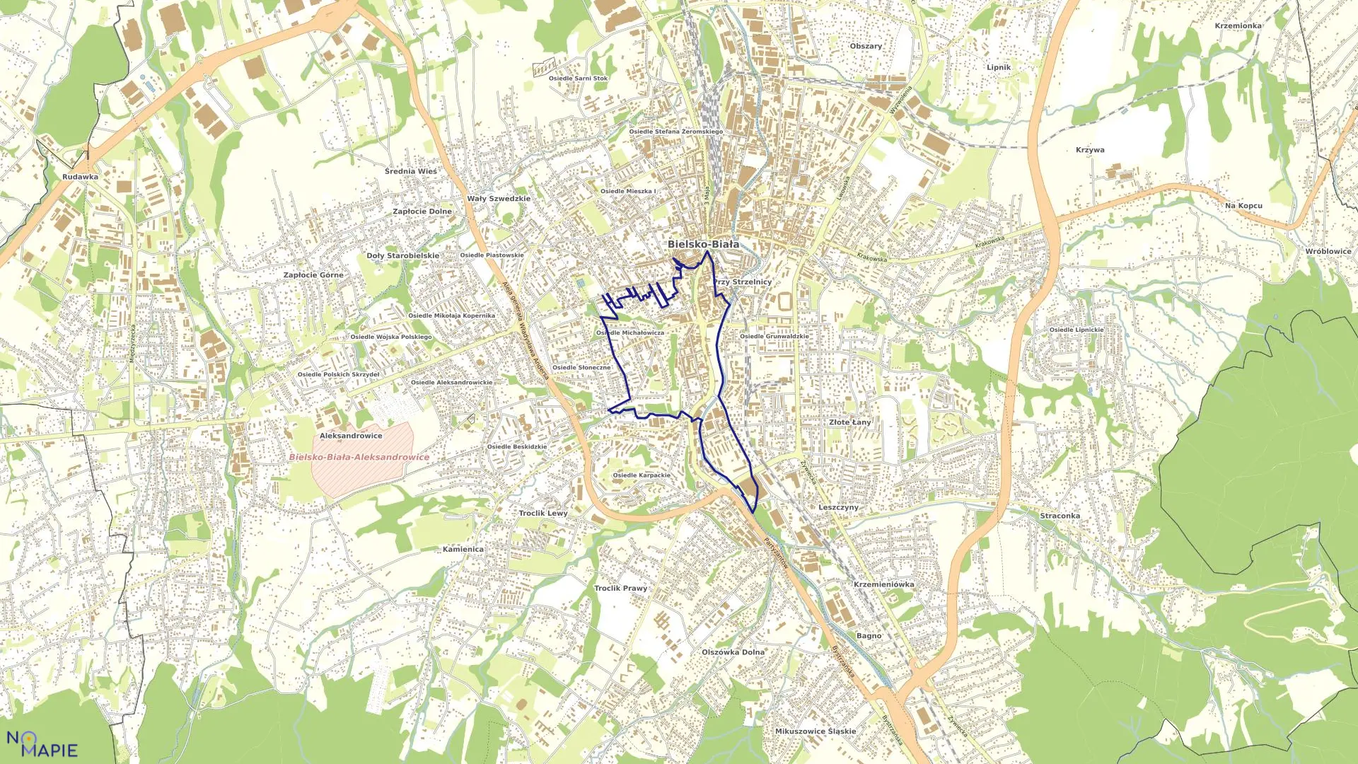 Mapa obrębu Żywieckie Przedmieście w mieście Bielsko-Biała